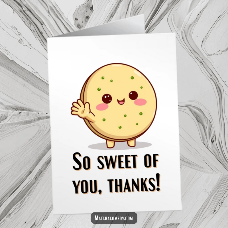 Funny Free Printable Thank You Card: Kawaii matcha cookie character waves cheerfully, a sweet and friendly thank you.