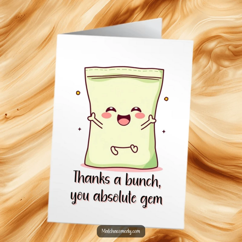 Funny Free Printable Thank You Card: A kawaii matcha powder bag with tiny legs, joyfully jumping to express sincere thanks.