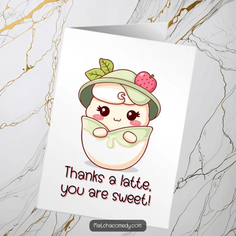 Funny Free Printable Thank You Card: Small matcha parfait character with a cheeky grin peeking.