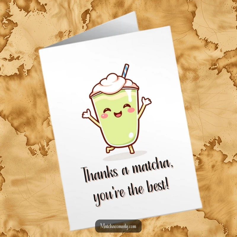 Funny Free Printable Thank You Card: Kawaii matcha latte character doing a joyous jig, expressing gratitude with energetic dance moves.