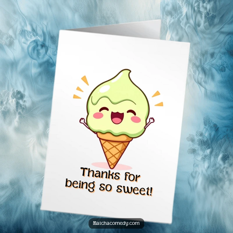 Funny Free Printable Thank You Card: A Kawaii matcha ice cream cone cheering happily, offering a sweet thank you.