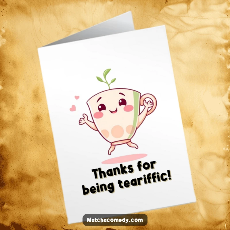 Funny Free Printable Thank You Card: A cheerful matcha cup dances to show its thanks.