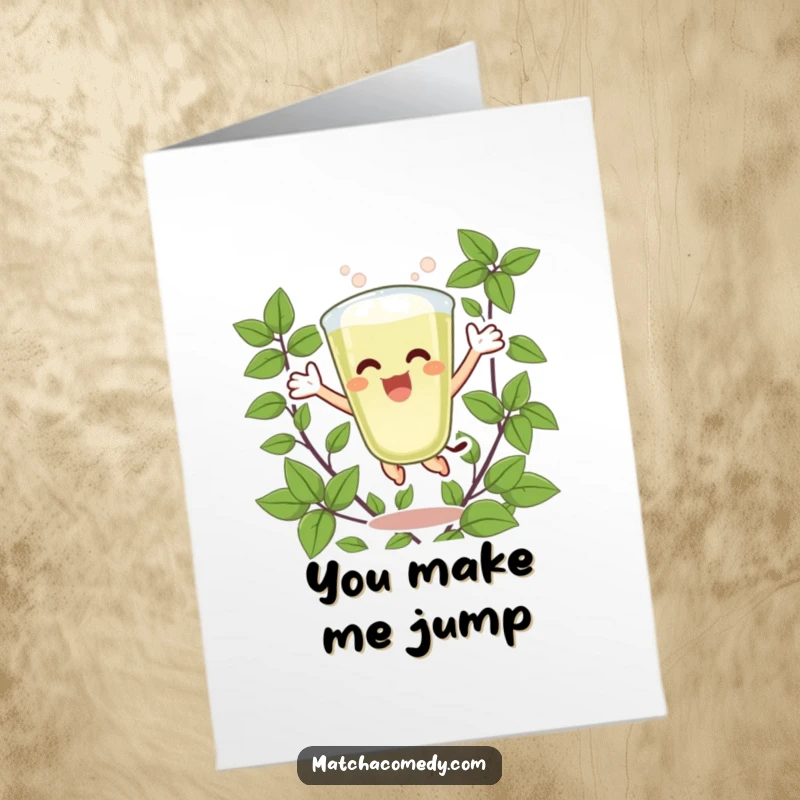 Funny free printable thank you card featuring a matcha latte character jumping joyfully, enveloped by lush green leaves.