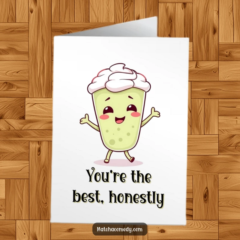 Funny free printable thank you card featuring a matcha latte character doing a gleeful, bubbly dance move.