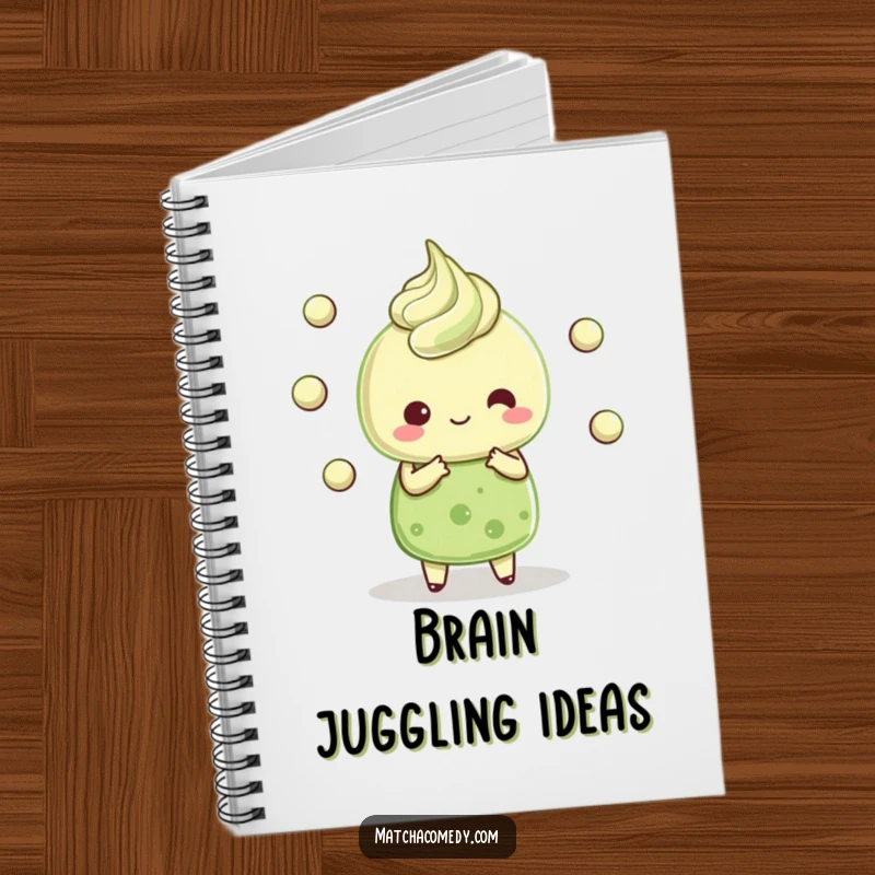 Funny Kawaii matcha dessert character juggling tiny matcha balls, lined pages, ideal for notes and recipes.