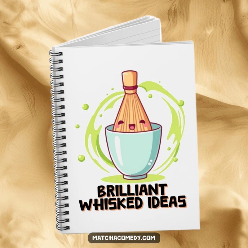 Funny matcha tea whisk captured in a dynamic spin on the cover of this notebook, inspiring creativity.