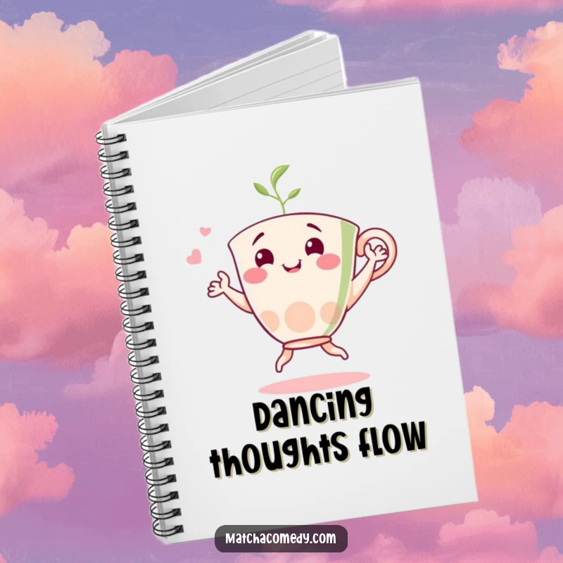 Funny matcha dancer notebook with a cover showing a cheerful tea cup character dancing, designed for notes with joy.