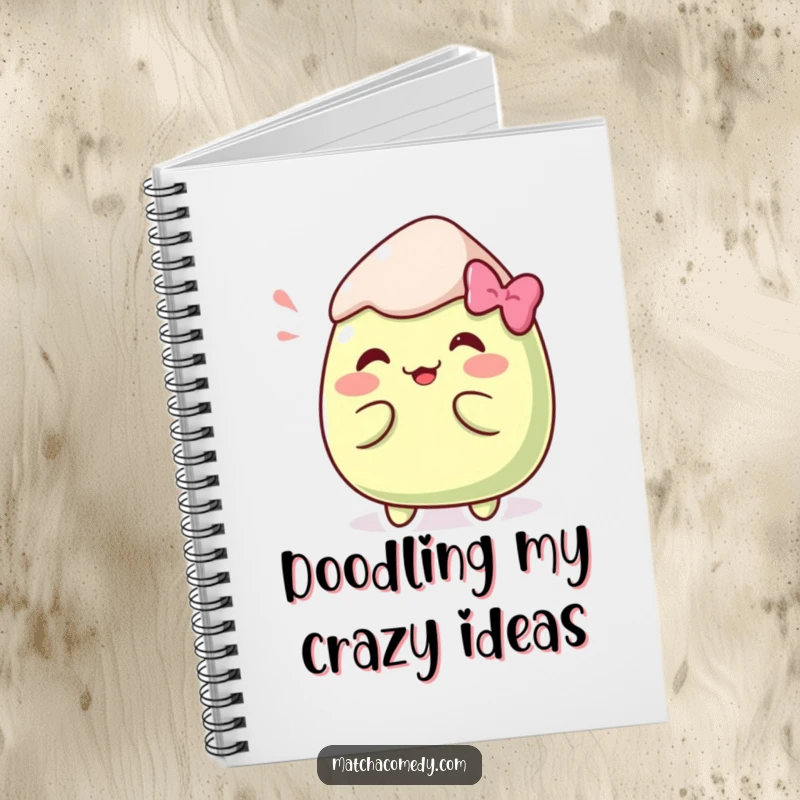 Funny Kawaii matcha mochi in a silly pose on the cover of this fun and functional notebook.