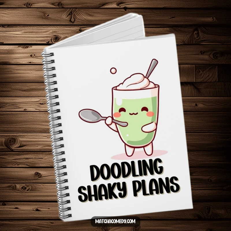 Funny Kawaii Matcha Latte Notebook: Lined pages inside, featuring a cute character humorously balancing a spoon for inspiration.