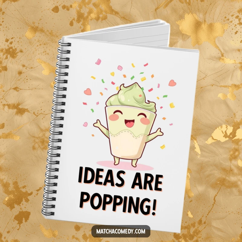 Funny happy matcha cup notebook, throwing confetti, perfect for jotting down festive plans and happy thoughts.