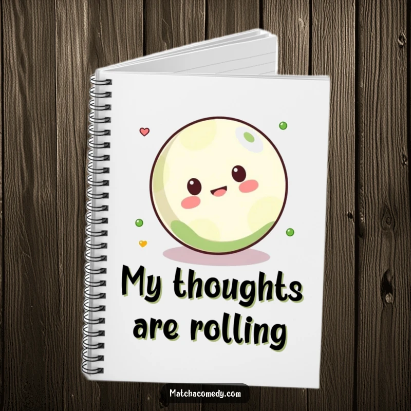 Funny Kawaii matcha ball playfully rolling on the cover of this notebook, inspiring fun and creativity.