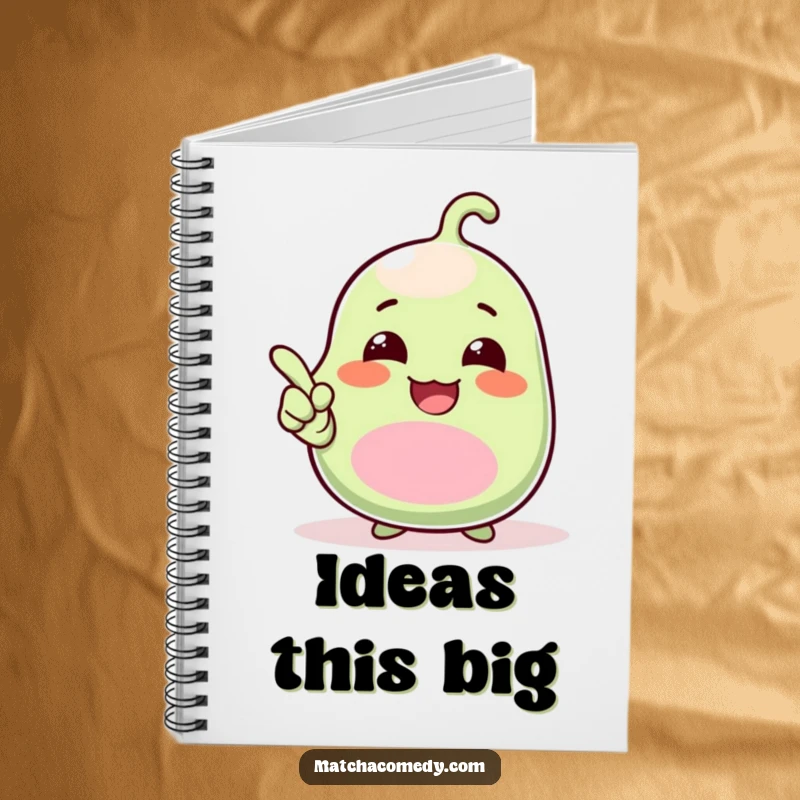Funny Notebook with a giggling kawaii matcha bean pointing upwards excitedly, perfect for jotting down notes with a touch of humor.