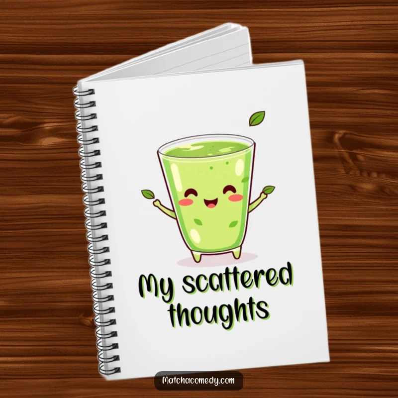 Funny Kawaii Matcha Juggling Notebook: A happy matcha beverage juggling tea leaves, ready for your notes.
