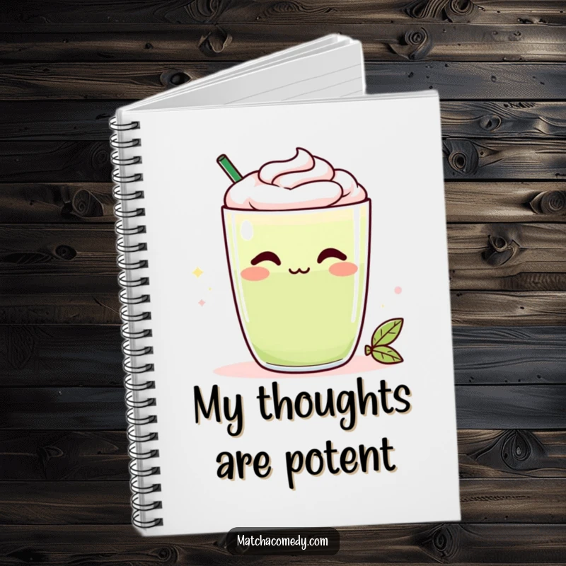 Funny Kawaii matcha latte notebook with a cheeky smirk, encouraging creative writing with a humorous and cute design, great for gifts.