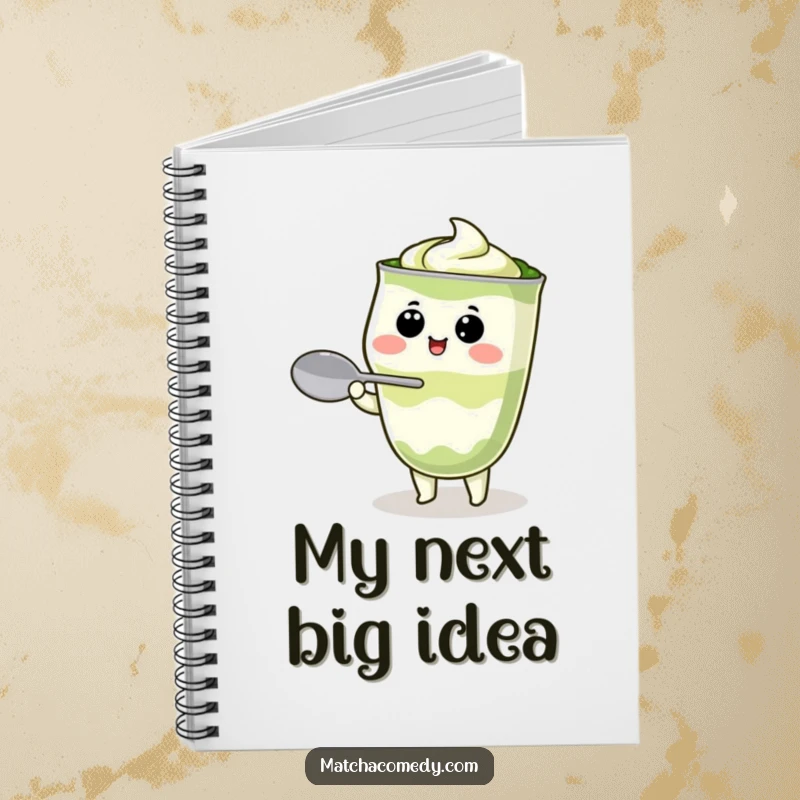 Funny Kawaii matcha latte character attempting to balance a spoon on its nose, lined pages, perfect for notes and journaling.
