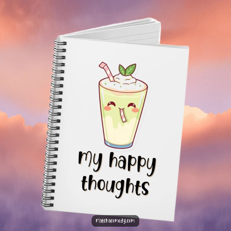 Funny Kawaii Matcha Latte Sipping Notebook: A happy matcha latte with a tiny straw, ready for your notes.