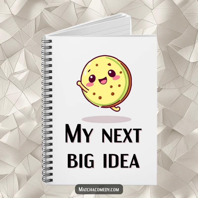 Funny Kawaii Matcha Cookie Notebook with a matcha cookie doing a cartwheel, encouraging energetic writing.