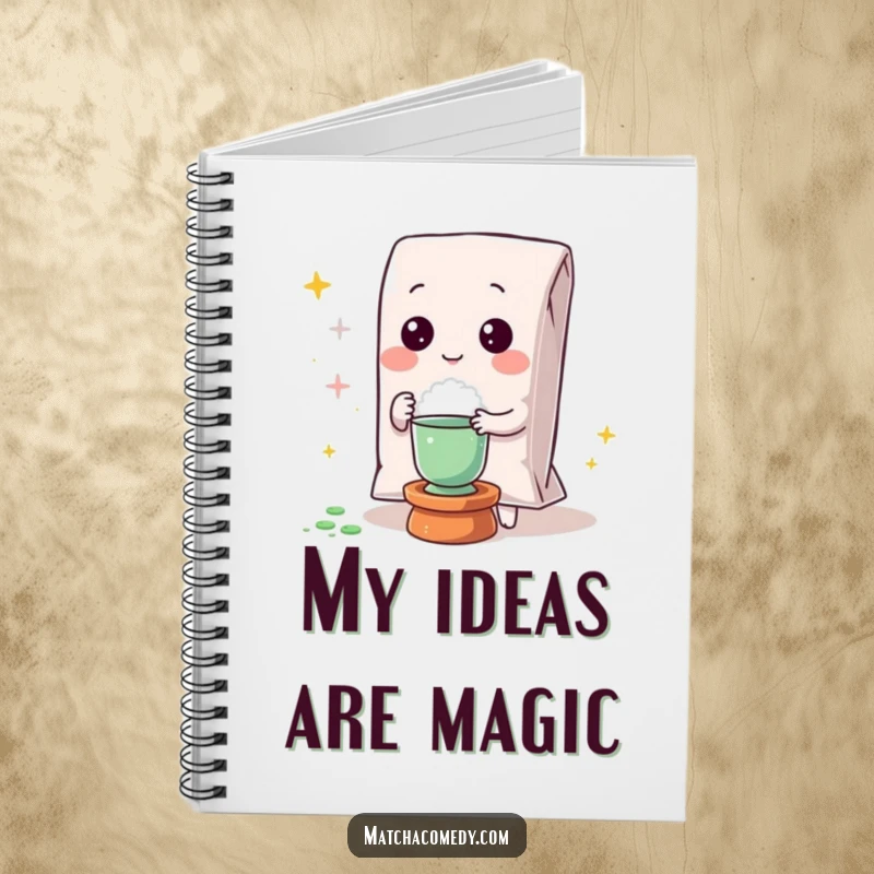 Funny Kawaii matcha powder bag performing a magic trick on the cover of this enchanting notebook.