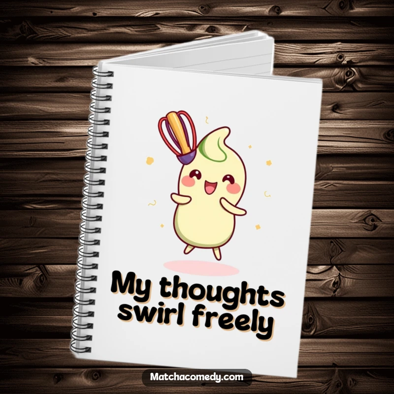 Funny Notebook cover features a kawaii matcha whisk doing a happy dance, inspiring creative note-taking and planning.
