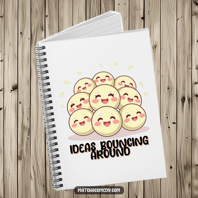 Funny notebook with a lively cover illustration of happy, giggling matcha balls bouncing playfully, inspiring creativity and joy.