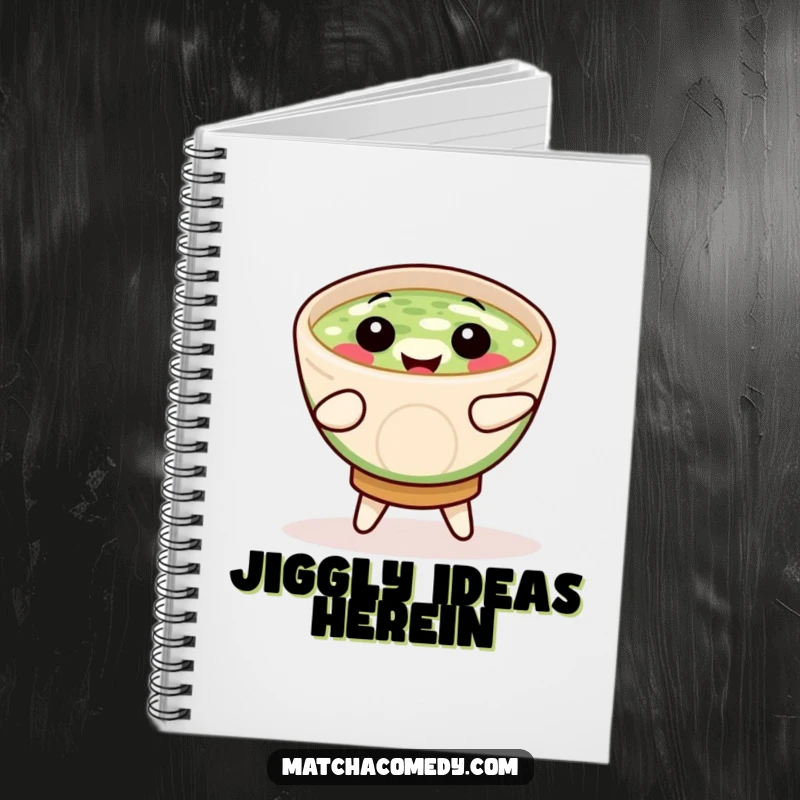 Funny smiling matcha bowl in a joyful jig on the cover of this notebook, inspiring creativity and fun.