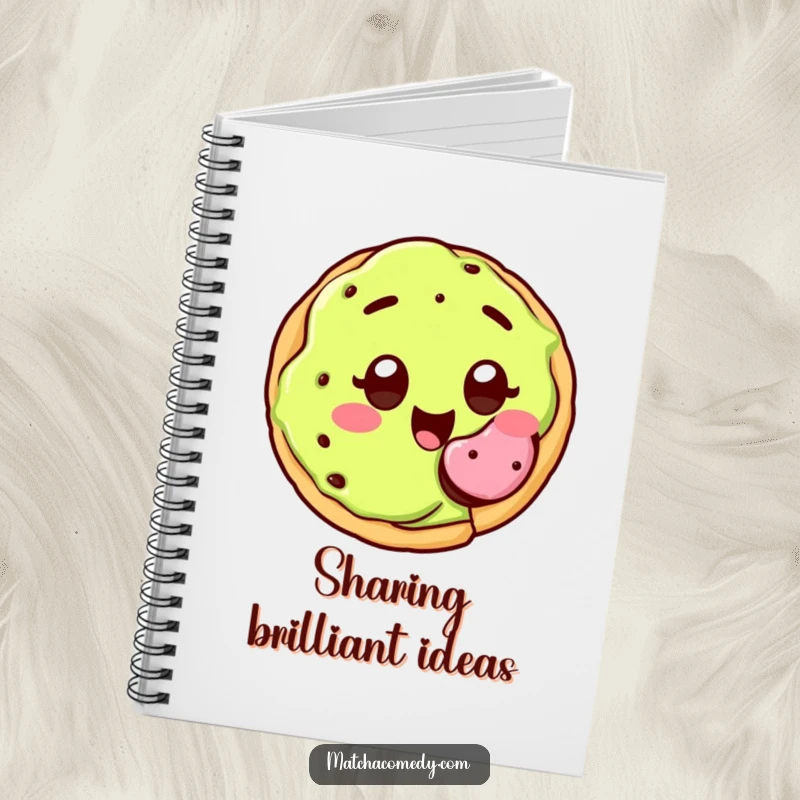 Funny kawaii matcha cookie with wide, joyful eyes, happily offering a bite, notebook.