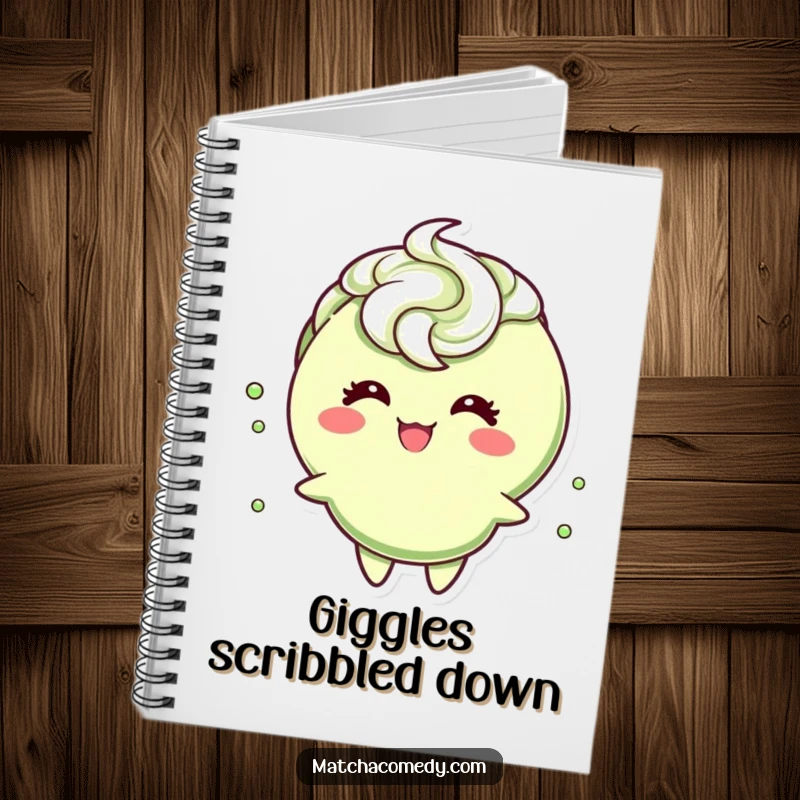 Funny matcha tea cup character with a frothy swirl, giggling, inspiring creativity on the cover of this fun and humorous notebook.