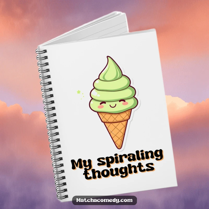 Funny matcha ice cream cone in a cheerful spinning motion, gracing the cover of a notebook. Ideal for jotting down thoughts.