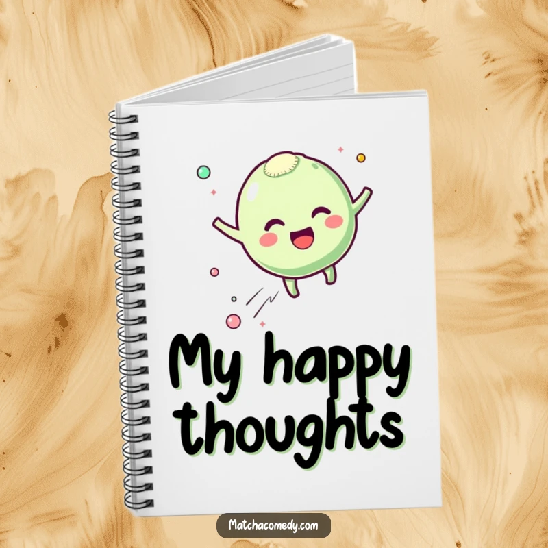 Funny matcha mochi notebook with a cover showing a character bouncing with excitement and leaving happy particles, perfect for jotting notes, a funny gift.