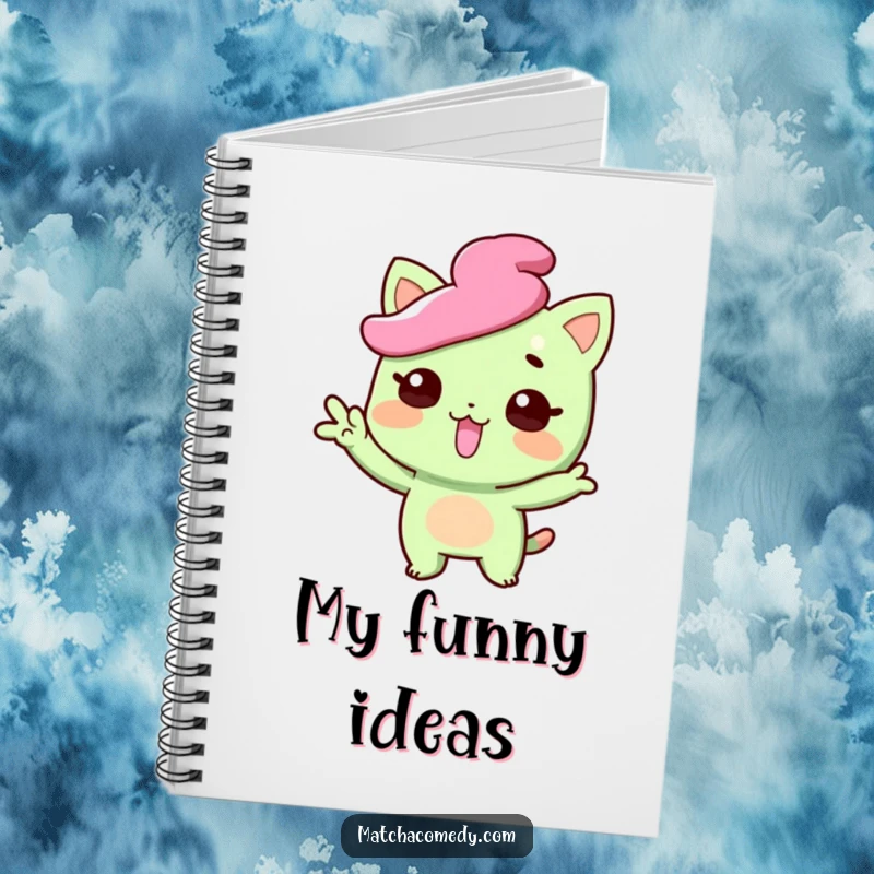 Funny matcha sweet notebook with a cover showing a character striking a funny pose with tongue playfully sticking out, perfect for jotting notes, a funny gift.