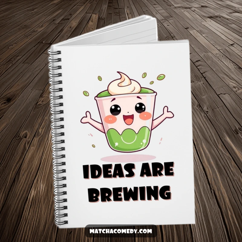 Funny Matcha Cup Notebook: An animated kawaii matcha cup bounces with excitement, perfect for jotting down thoughts.
