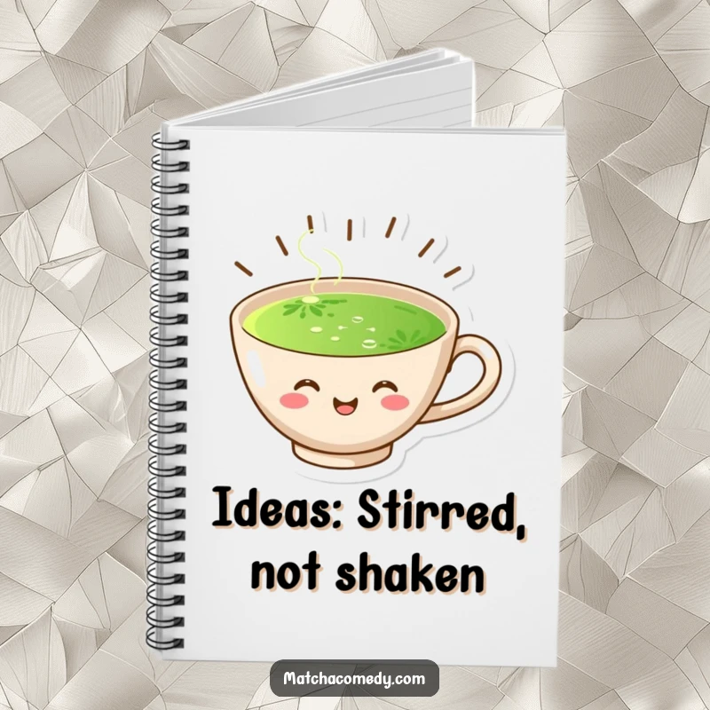 Funny notebook with a joyful matcha cup cover and stylized steam lines, perfect for capturing thoughts and ideas.