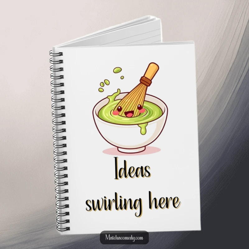 Funny Kawaii matcha whisk notebook with a spinning character, ideal for journaling and note-taking with a playful vibe.