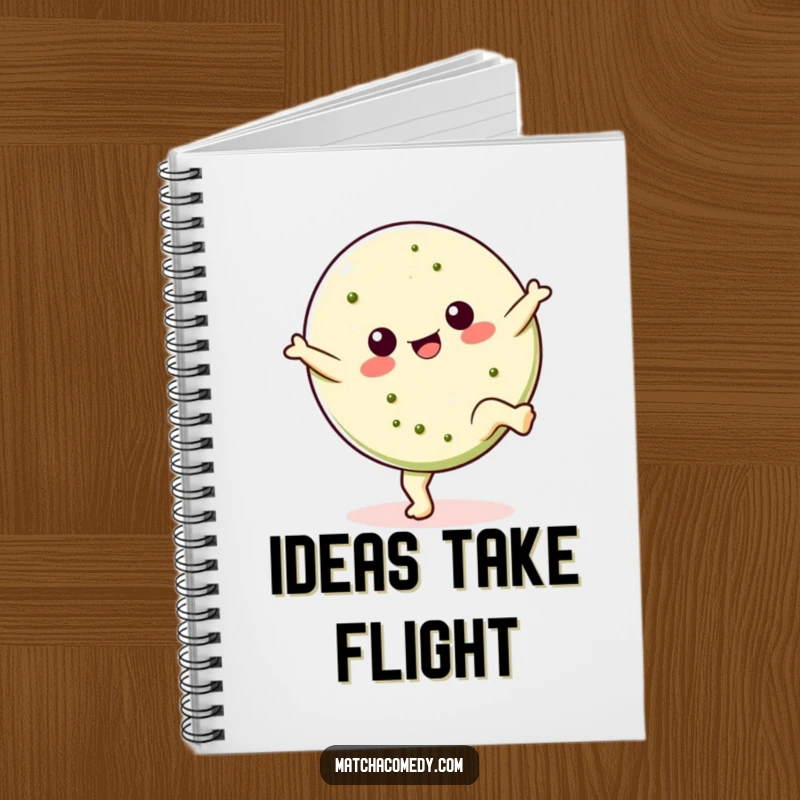 Funny Kawaii matcha cookie notebook featuring a cartwheeling cookie, inspiring sweet notes and creative ideas, a fun gift for writers.