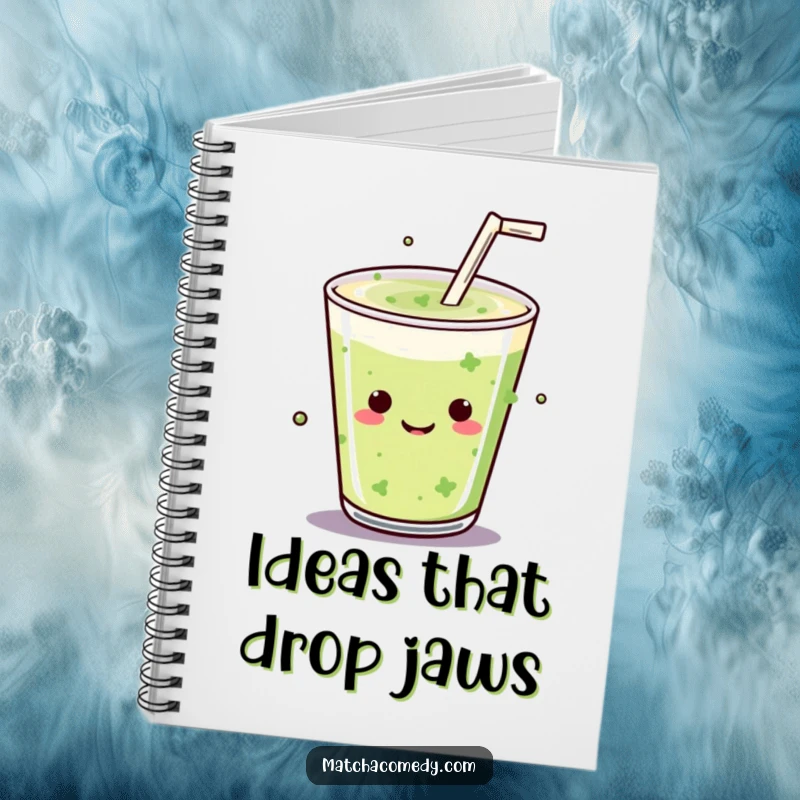 Funny Kawaii matcha drink performing a mic drop on the cover of this bold and inspiring notebook.
