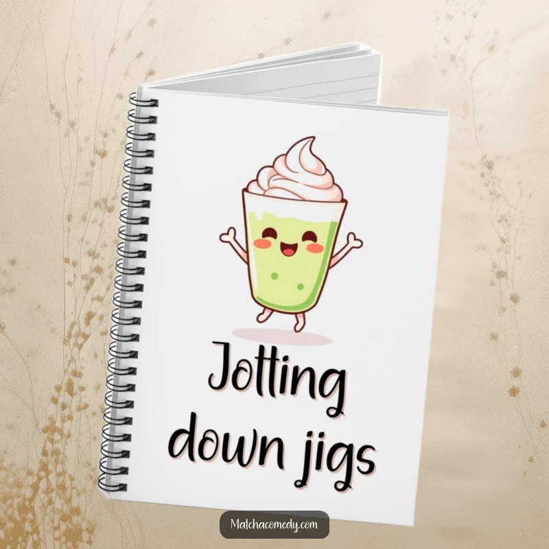 Funny dancing kawaii matcha latte with whipped cream, doing a cheerful jig, notebook.