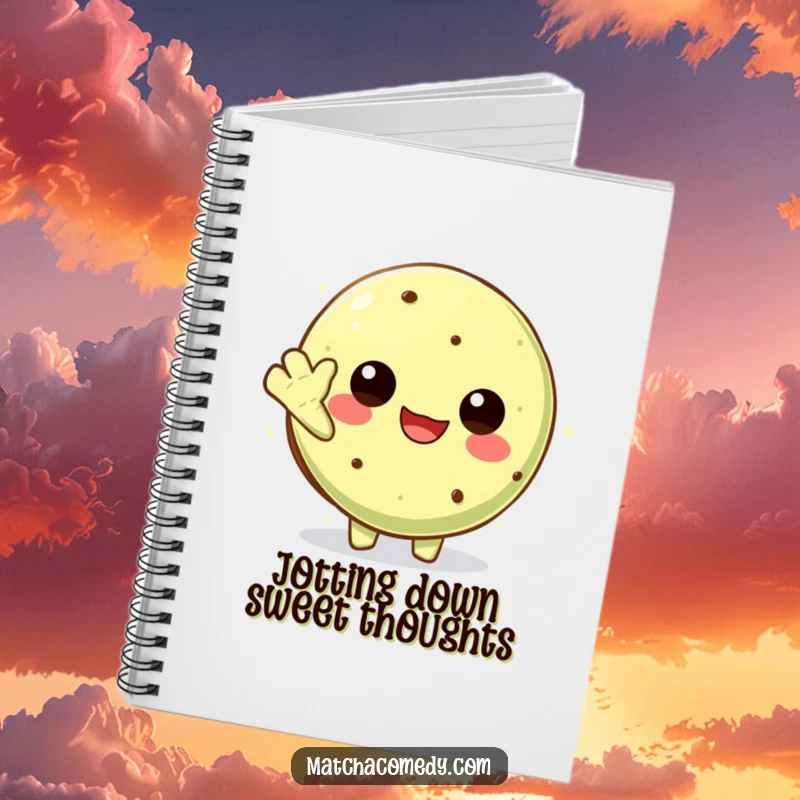 Funny Kawaii Matcha Cookie Notebook: Lined pages inside, adorned with a cute waving character for humorous inspiration.