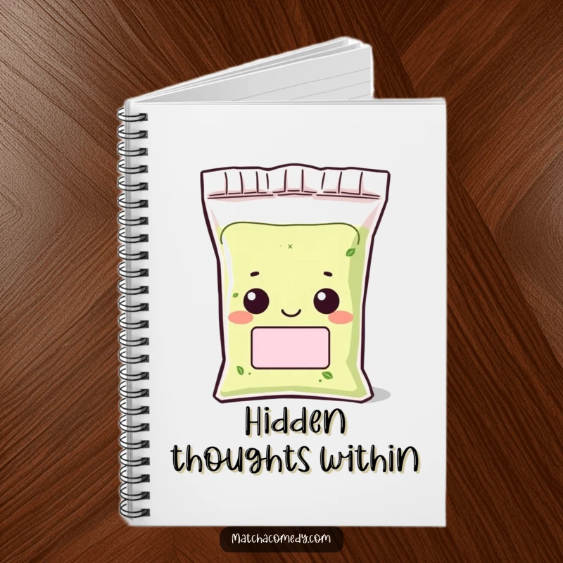 Funny Kawaii matcha powder bag notebook with a peeking character and grin, ideal for journaling and note-taking.