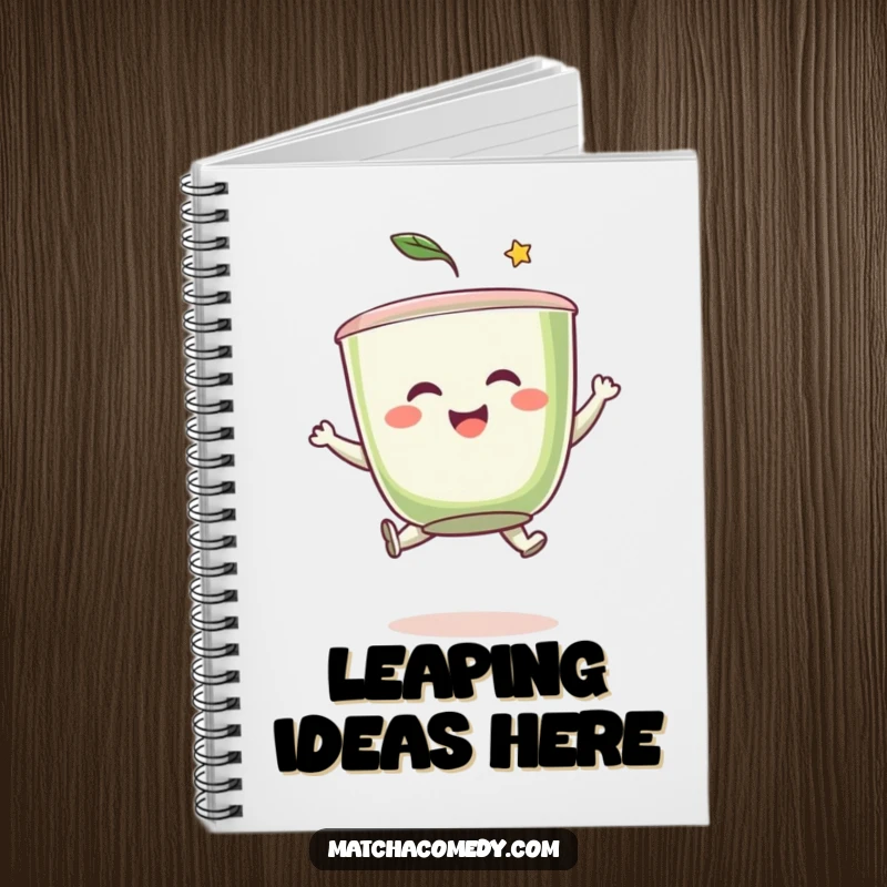 Funny matcha tea cup character in a dynamic leap, inspiring creativity on the cover of this fun and functional notebook.