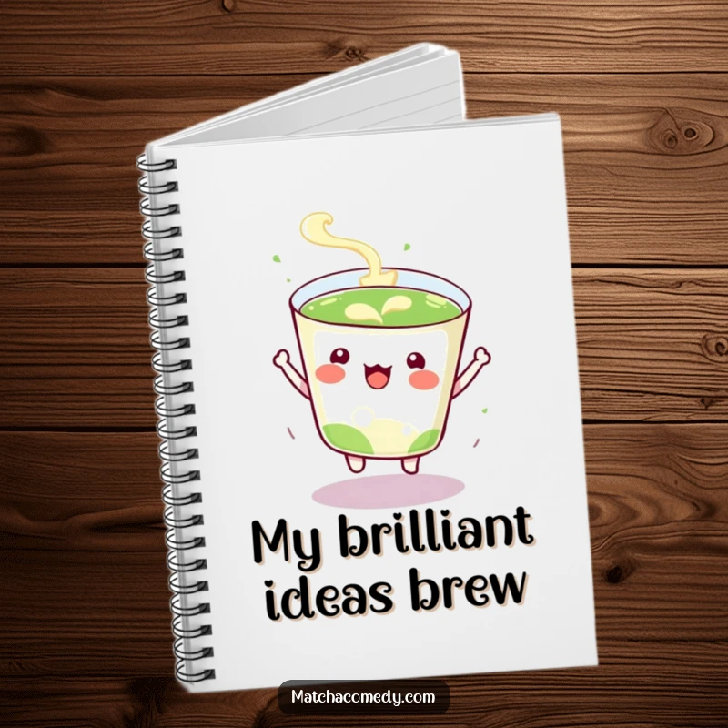 Funny Notebook cover features a kawaii matcha tea cup bouncing with excitement, inspiring energetic note-taking and planning.