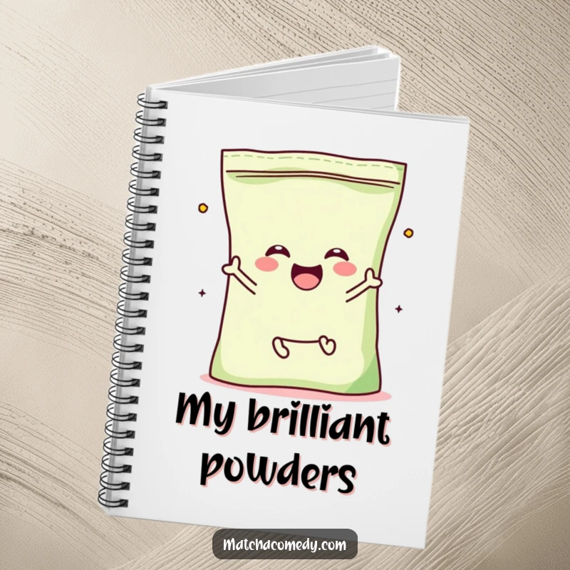 Funny Matcha Powder Bag Notebook with a kawaii character with tiny legs, enthusiastically jumping for joy.