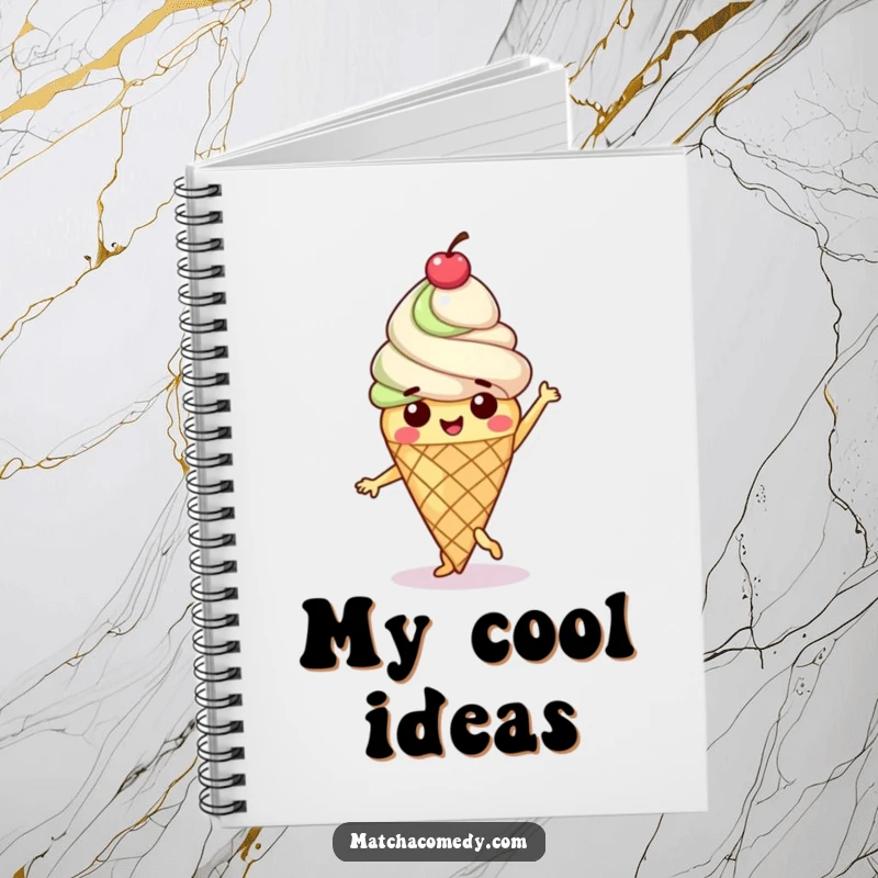 Funny Matcha Ice Cream Cone Notebook with a happy character doing a sweet dance and a cherry on top.