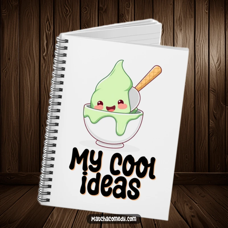 Funny, happy matcha ice cream scoop diving into a bowl on the cover of this fun and functional notebook.