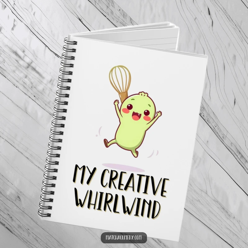 Funny notebook featuring a small, anthropomorphic matcha whisk doing a funny acrobatic move, inspiring agile note-taking.
