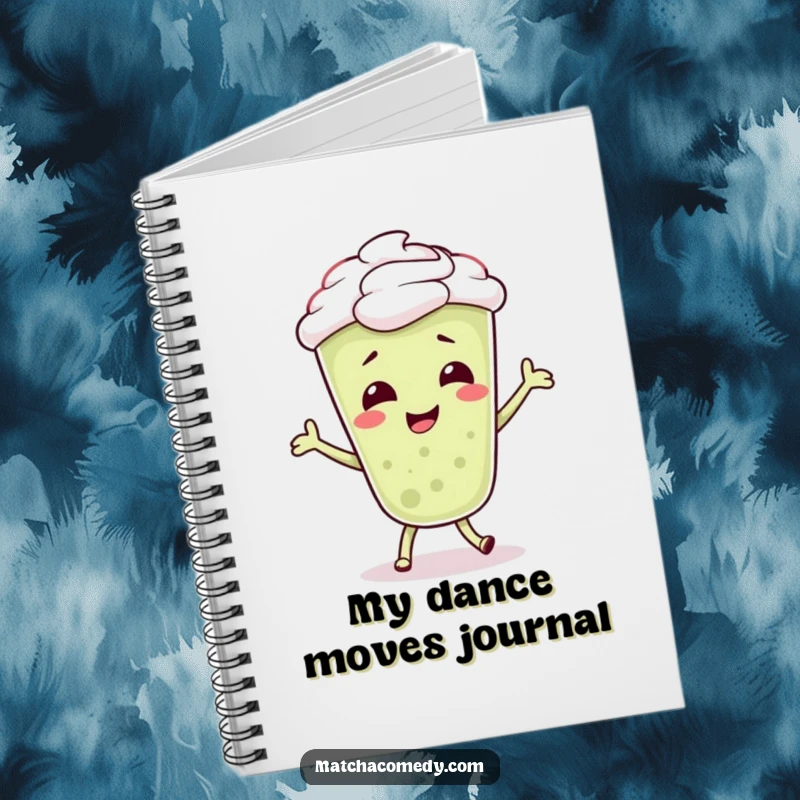 Funny Matcha Latte Notebook featuring a giggling character in a silly dance pose, inspiring joyful note-taking and doodling.