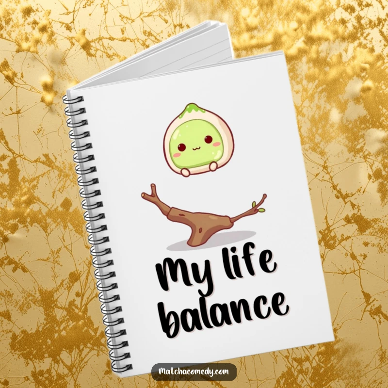 Funny matcha mochi balancing on a twig on a notebook cover, looking unsteady, perfect for journaling and planning.