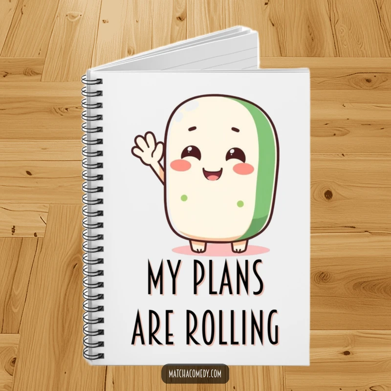 Funny matcha roll character waving hello on a notebook cover, ideal for jotting down creative ideas.