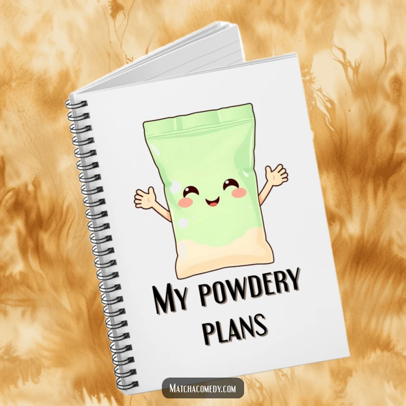 Funny matcha powder bag with arms waving happily, gracing the cover of a notebook. Ideal for jotting down happy thoughts.