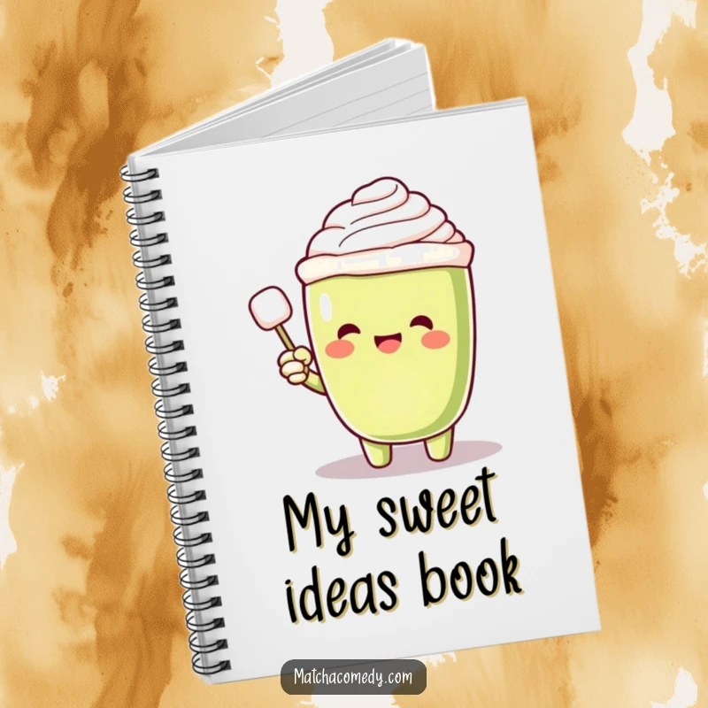 Funny Matcha Latte Notebook with an excited character pointing at a floating sugar cube, inspiring joyful note-taking and brainstorming.