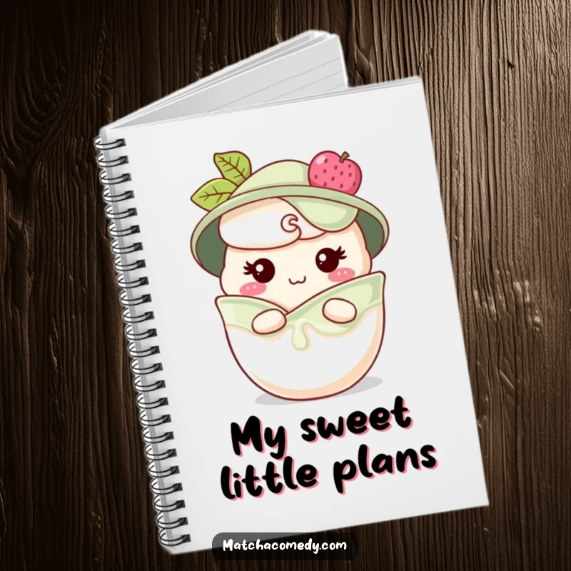 Funny matcha parfait notebook with a cover showing a character peeking from layers with a cheeky grin, perfect for jotting notes, a funny gift.
